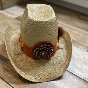 VINTAGE JOHN B STETSON COMPANY MENS STRAW COWBOY HAT  FEATHERS